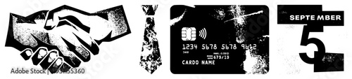 Vector featuring handshake symbolizing agreement, tie for professionalism, credit card for finance, and date marker for calendar use, all in distressed halftone style.