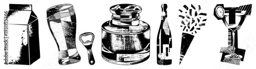 Retro style halftone print featuring milk carton, beer glass, bottle opener, inkwell, champagne bottle, confetti, cocktail glass all rendered in classic dot vector art.
