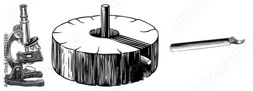 Classic scientific microscope, wooden tree stump slice, vintage straight razor, black and white art, educational or historical illustration.