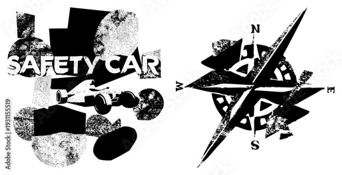 Stylized safety car graphic with halftone textures, compass rose emblem, racing theme, vector art, isolated design elements.