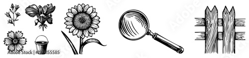 Hand drawn botanical and garden tools, including sunflower, iris, cosmos, watering bucket, magnifying glass, and picket fence, rendered in classic engraved style.