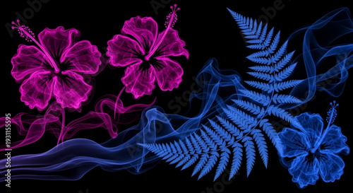 Vibrant neon pink hibiscus flowers and blue fern with flowing smoke on black background tropical floral design