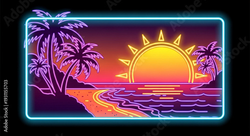 Vibrant neon beach scene with palm trees at sunset tropical paradise landscape with glowing sun and colorful sky