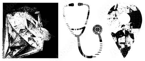 Stylized stethoscope and anatomical rendered in halftone, abstract geometric shapes, medical vector art, isolated symbols for healthcare design.