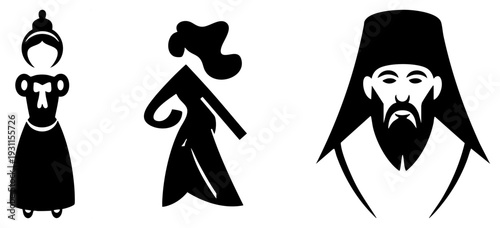 Abstract vector portraits of a woman in dress, a dancer, and a bearded man in hat, all rendered in bold black with simplified forms and no facial detail.