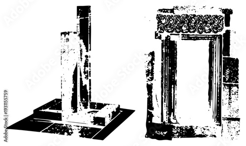 Ruined stone column and carved doorway, ancient architecture, historical ruins, archaeological site, vector, classical design, heritage structure.