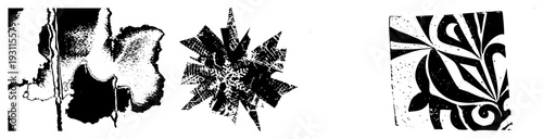 Stylized graphic designs featuring fragmented shapes, textured halftone, and bold negative space compositions. Abstract art elements with high contrast aesthetics.