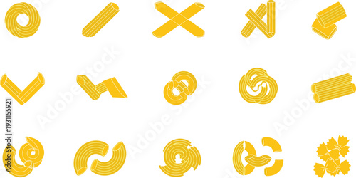 Pasta shapes illustration set, Italian macaroni and noodles collection, yellow food icons, uncooked pasta variety flat design