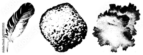 Classic feather quill, weathered stone texture, halftone ink splatter vector illustrations for design, typography, or graphic elements.