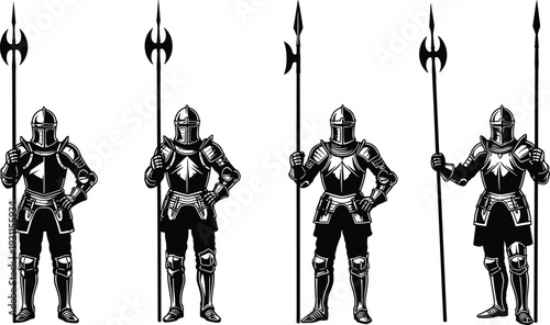 Medieval knight warriors in armor holding halberd and spear weapons isolated on white background vintage engraving style illustration
