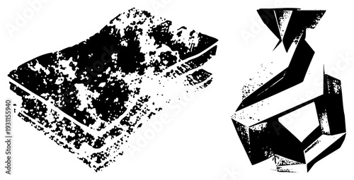 Stylized 3D forms rendered in gritty halftone, abstract composition, vector art, black and white graphic, geometric abstraction, isolated shapes, modern design.