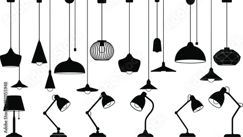 Modern lighting fixtures silhouette set, hanging pendant lamps and desk lights, interior illumination collection, minimalist black lamp illustration