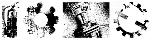 Halftone vector of fire extinguisher, gear, mechanical black/white, grainy texture, isolated foreground for technical/industrial design.