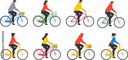 People riding bicycles illustration set, urban cycling commuters men and women, eco transport lifestyle, flat modern character design