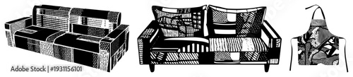 Modern furniture and apparel with halftone textures, abstract, graphic art, vector illustration, black and white design, contemporary decor, textile print.