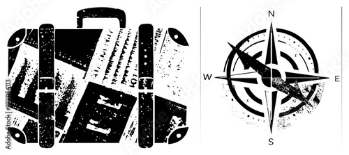 Retro suitcase with textured and compass rose, travel, wanderlust design, journey motifs, adventure emblem, wanderer symbol, graphic.