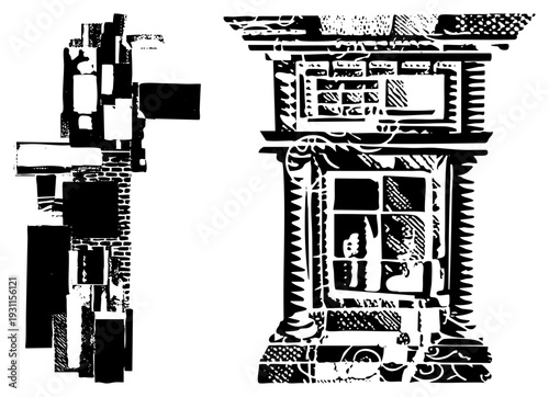 Vectorized architectural elements featuring intricate, decorative frames, and stylized windows, rendered in high contrast, ideal for graphic design or print.