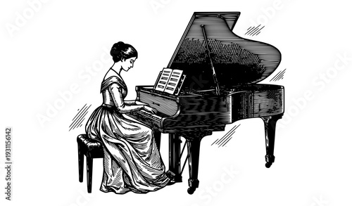 Vintage woman playing piano engraving style vector illustration