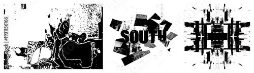 Fragmented halftone textures, bold text "SOUTH" with geometric, glitch art, vector abstraction, design, digital noise aesthetic.