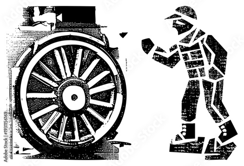 Black and white halftone illustration of a locomotive wheel and a stylized factory worker, industrial era, mechanical design, worker silhouette, vintage engraving style.