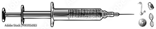 Black and white vector syringe with medical DNA strand, padlock, germ, coin, and gear. Flat illustration for healthcare or biology themes.