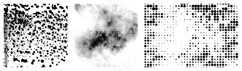 Black ink dot clusters forming organic and geometric textures, halftone gradients, stippling effects, vector graphic, isolated foreground elements.