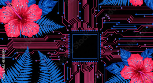 Vibrant circuit board design with pink hibiscus flowers and blue ferns on a black background technology and nature fusion