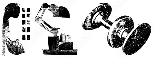 Retro telephone handset, robotic manipulator arm, industrial gears, vector illustration, mechanical components, stylized tech, halftone texture.