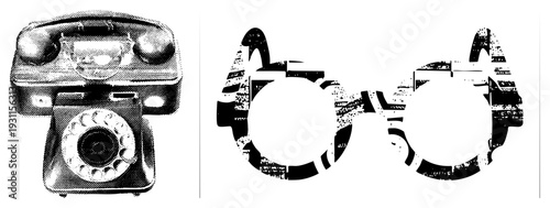 Retro rotary phone with dial, classic eyeglasses with worn texture, halftone vector art, isolated tech and fashion.