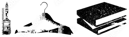 Distressed black and white vector of paintbrush, wooden hanger, and layered books, stylized with gritty texture and fragmented edges, ideal for creative or retro design projects.