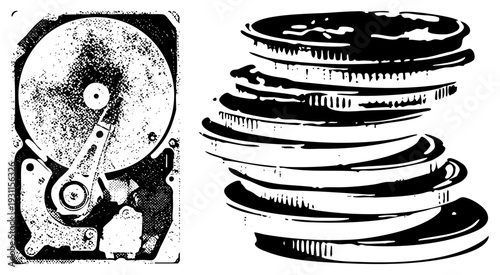 Vector illustration of hard drive internals, magnetic platters, read/write arm, storage device, computer hardware, data storage component.
