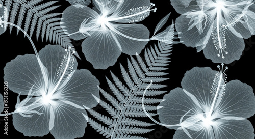 Glowing white hibiscus flowers and ferns on black background x ray effect botanical design
