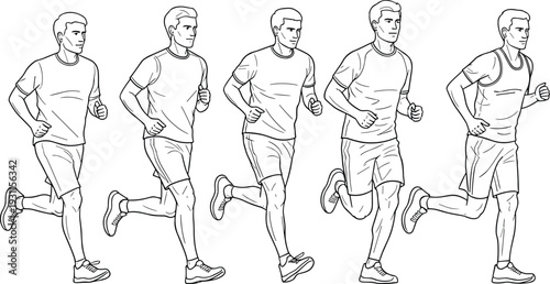 Running man sequence illustration showing jogging motion phases isolated on white background fitness training sport activity line art set