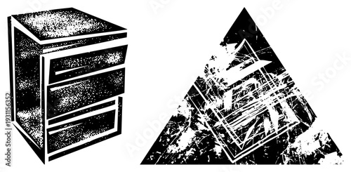 Graphic vector illustration of a filing cabinet and abstract, rendered in gritty halftone with scratched textures, ideal for retro or industrial design projects.