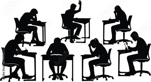 Student silhouettes studying at desks set isolated on white background education exam preparation learning concept black vector illustration
