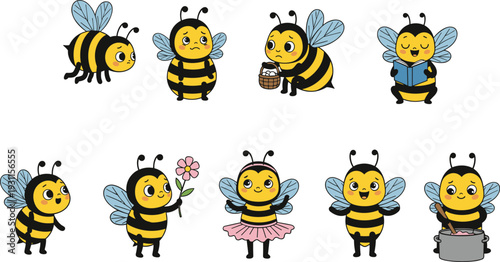 Set of cute cartoon bee characters in different activities for kids illustrations, kawaii vector mascots, education, reading, cooking, dancing, flying, honey collection, design