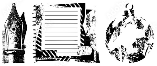 Ornamental fountain pen nib, notebook with spiral binding, textured spherical ornament with hook all in distressed halftone vector design, ideal for creative or retro themed projects.