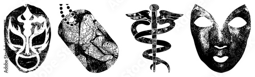 Stylized black and white symbols including wrestling mask, military dog tag, medical caduceus, and theatrical mask, rendered in halftone texture.