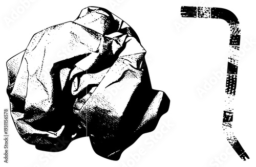 Halftone rendered crumpled paper ball, broken hockey stick with textured, black and white vector art, isolated graphic elements, sports equipment debris, paper trash.