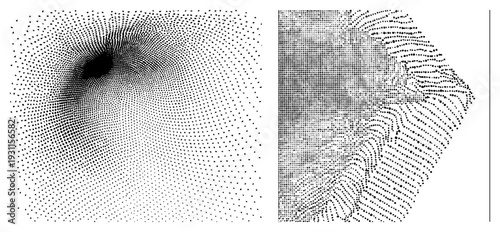 Vector halftone design with dot gradients forming fluid shapes, stylized waveforms, and negative space voids, minimalist aesthetic, graphic art element.