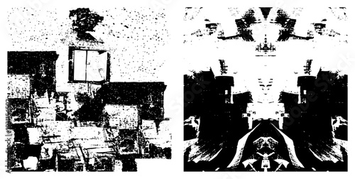 Artistic mirrored architecture with halftone texture, urban decay motif, glitch style symmetry, graphic distortion, abstract cityscape, vectorized decay, isolated building forms.