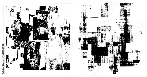 Fragmented black and white digital art with glitchy block, pixelated forms, modern abstract design, vector graphic composition.