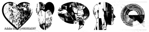 Distressed graphic shapes including heart, leaf, brain, head silhouette, and concentric rings, rendered in high contrast with textured noise and fragmented.