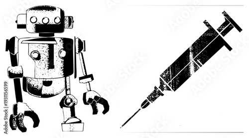 Vintage robot holding syringe, sci fi healthcare, mechanical assistant, medical automation, black and white vector art, halftone texture, isolated graphic.