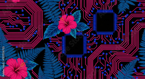 Vibrant circuit board design with pink hibiscus flowers and blue ferns on black background technology and nature fusion