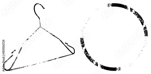 Simple wire hanger with textured, paired with distressed circle frame, minimalist graphic design, black art, fashion accessory silhouette.