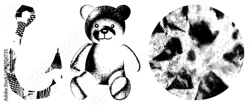 Classic halftone print style depicting anchor, teddy bear, and abstract circular motif, vector art, retro graphic design, isolated elements.