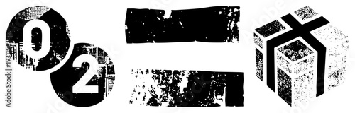 Retro halftone design with distressed textures, stylized numerals and abstract forms, vector art with gritty aesthetic, isolated symbols for branding or UI.