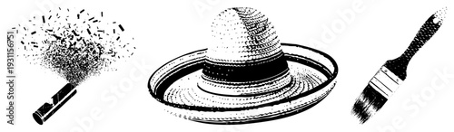 Artistic halftone render of spray can, wide brimmed sombrero, paintbrush isolated for creative design, graphic art, or cultural motifs.