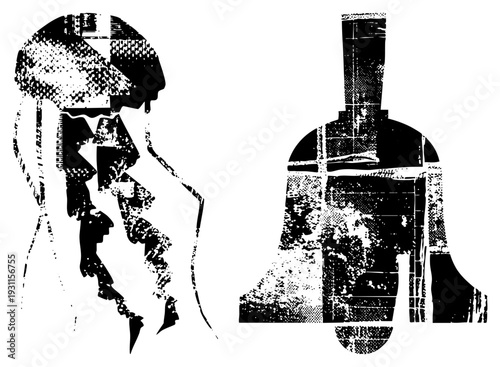 Abstract marine life forms rendered in black and white, jellyfish tentacles flowing, bell shaped silhouette, halftone vector art, isolated aquatic motifs.